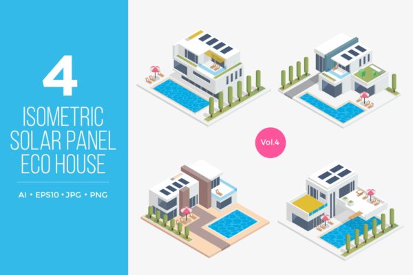 太阳能电池发电房屋等距矢量图形v4 Isometric Solar Panel Eco House Vector Set 4