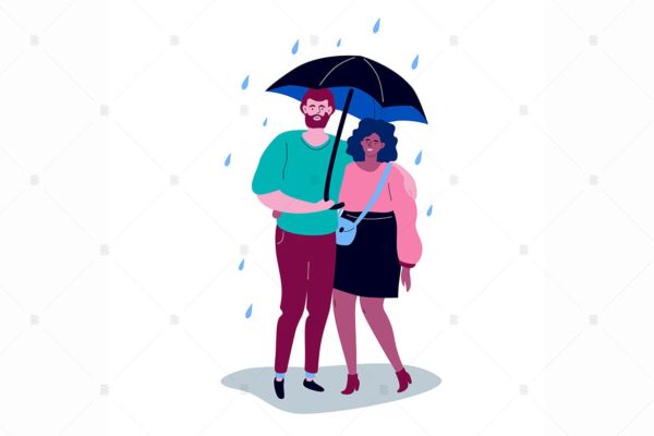 雨中情侣扁平设计风格矢量插画素材库精选素材 Couple on a date – flat design style characters