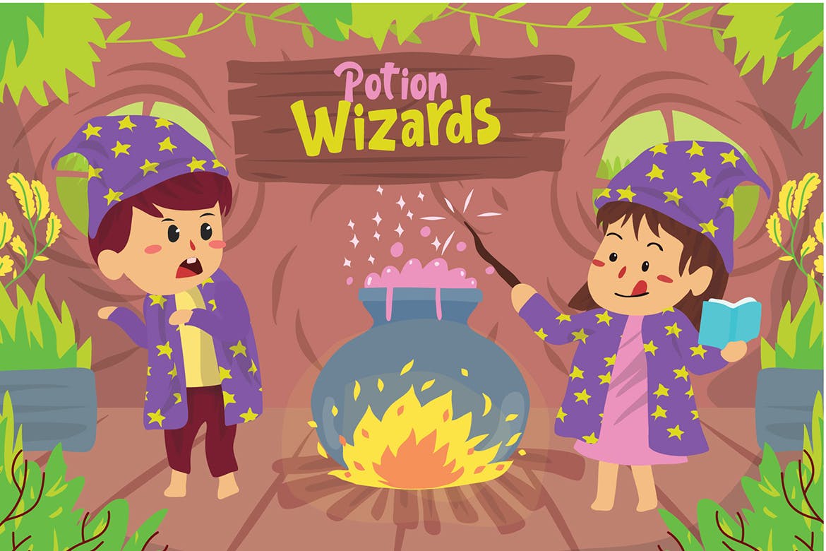 儿童/药水/巫师童话故事矢量插画 Potion Wizards kids – Vector Illustration插图