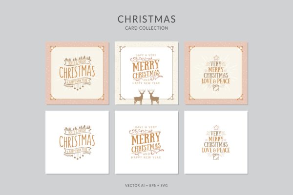 复古设计风格圣诞节贺卡矢量设计模板集 Christmas Greeting Card Vector Set