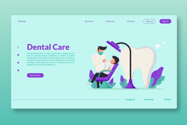 牙科保健网站设计矢量插画素材 Dental Care – Web Header &amp; Landing Page GR