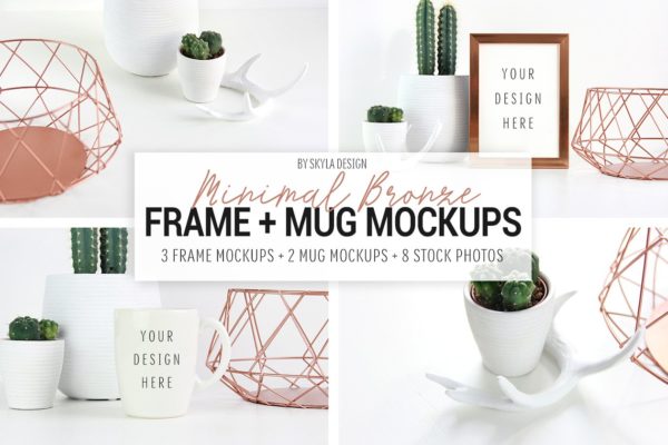 现代画框&amp;马克杯样机 Minimal bronze frame &amp; mug mockup