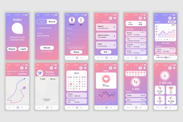 健身计划APP应用界面设计UI套件 Fitness Mobile App UX and UI Kit