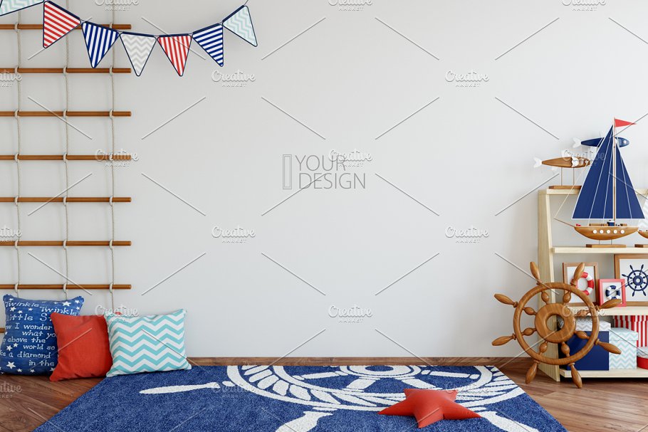 儿童主题室内墙纸设计展示和相框画框样机 Kids Interior Wall & Frames Mockup 1插图(19)