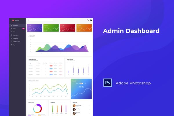 数据统计分析系统网站后台界面设计PSD模板 Admin Dashboard Template for Photoshop