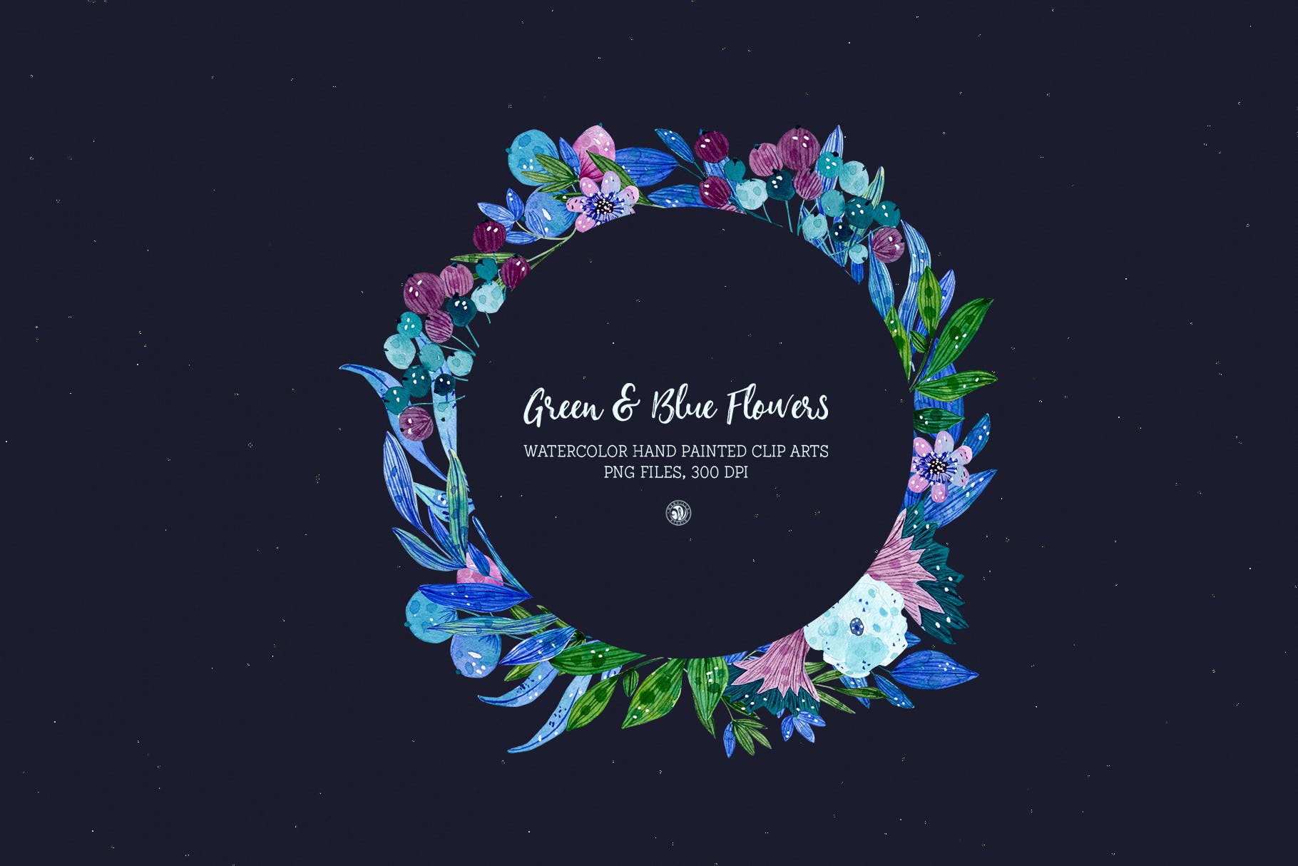 绿色&蓝色水彩手绘花卉剪贴画PNG素材 Green and Blue Flowers插图(2)