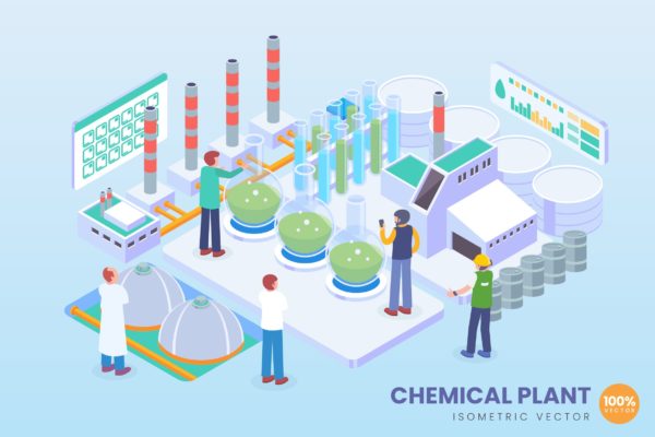 创新型化工厂等距矢量科技素材库精选概念插画v1 Isometric Chemical Plant Vector Concept
