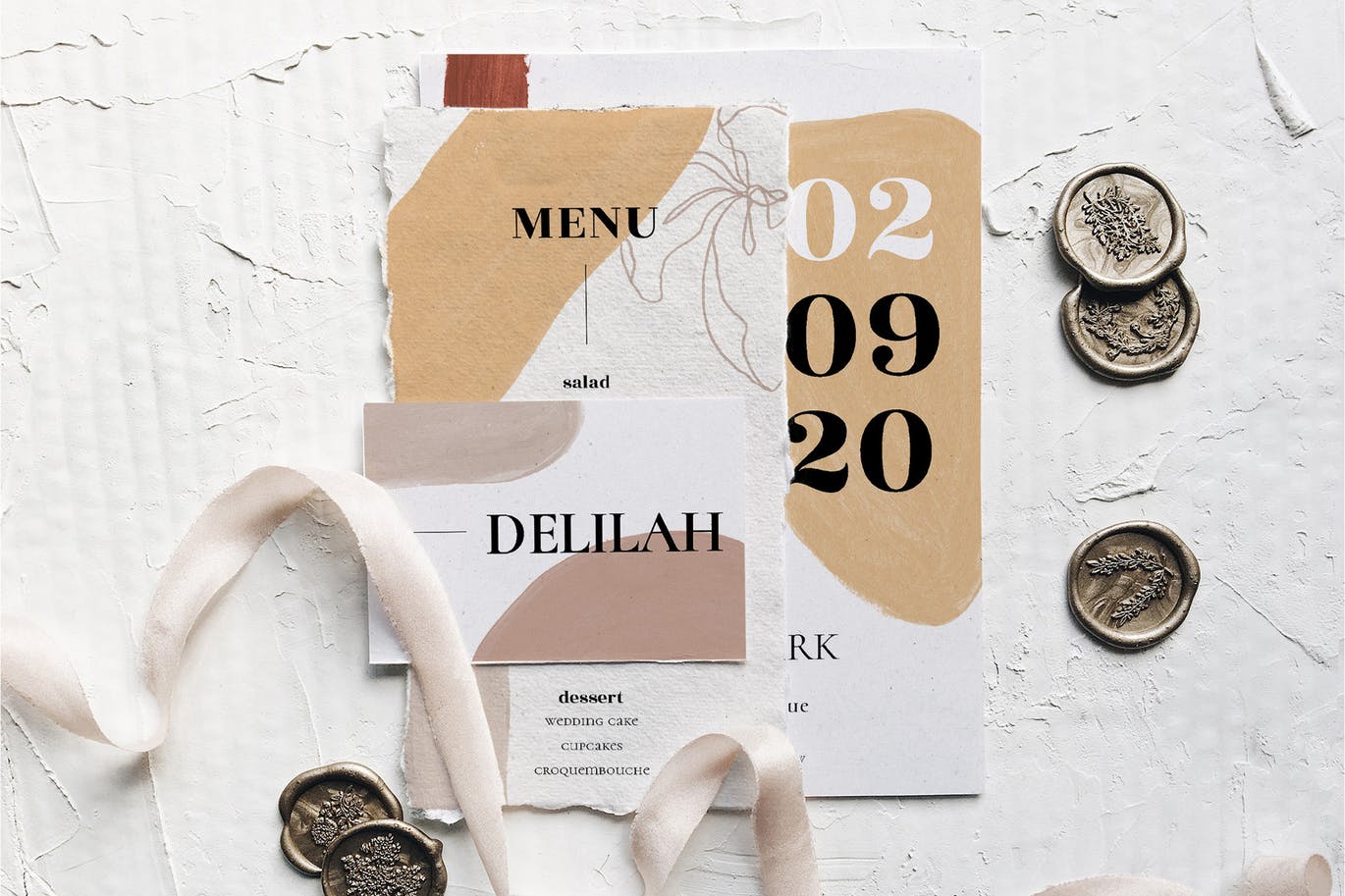 现代抽象水彩图案撕纸风格婚礼邀请设计套件 Modern Abstract Wedding Suite插图(9)