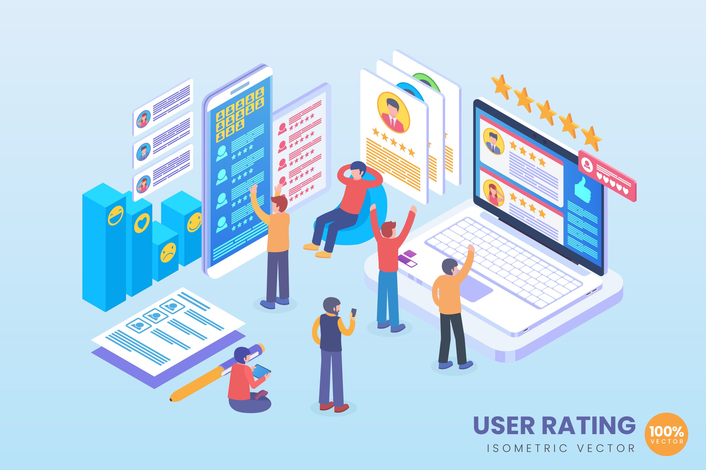 用户评论评分场景2.5D矢量等距概念插画 Isometric User Review Vector Concept插图