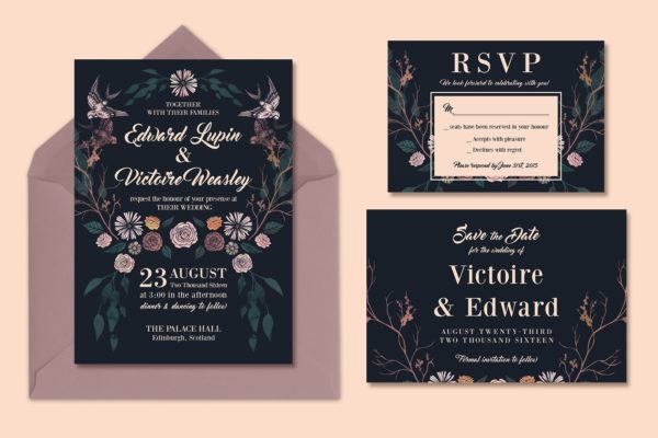 暗色调婚礼邀请函设计模板套装 Rich, Dark &amp; Magical Wedding Suite