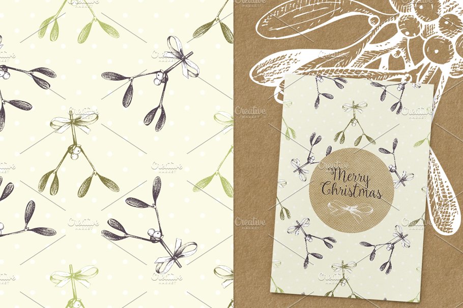 槲寄生手绘花样图案 3 Vector Mistletoe Patterns插图(3)