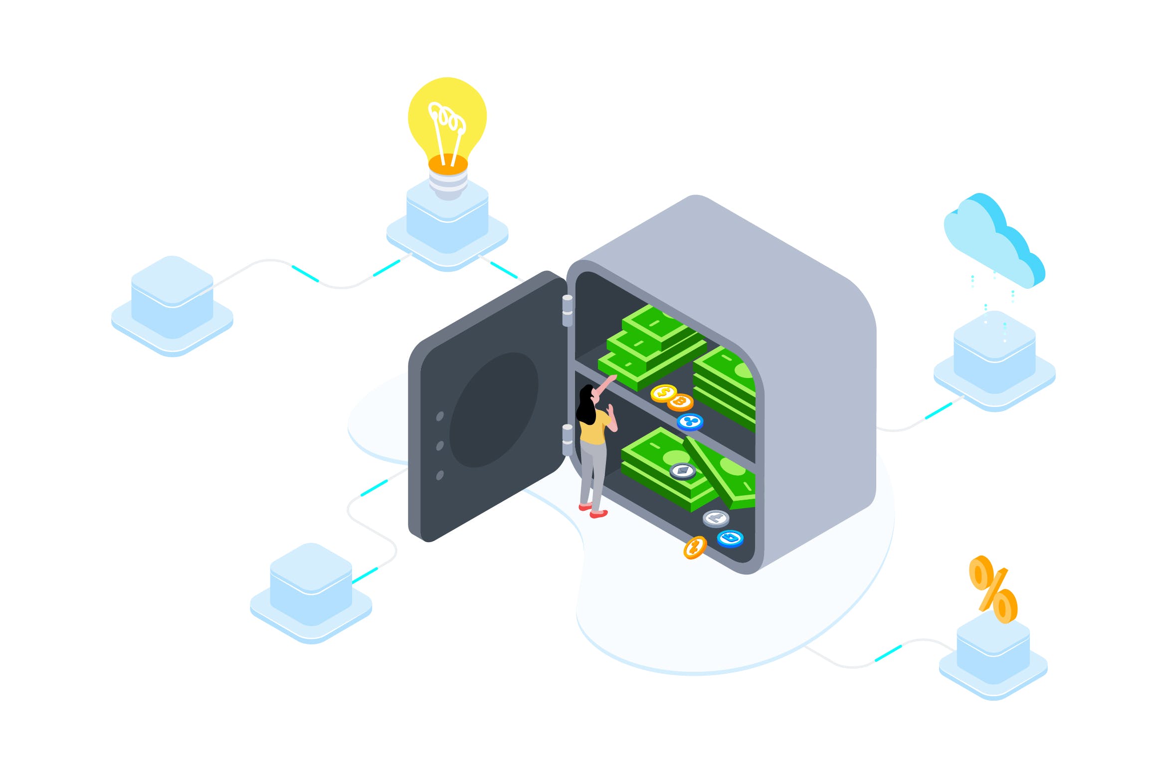 区块链金融印花存款概念插画素材v3 Saving Money on Blockchain Isometric 3 – TU插图