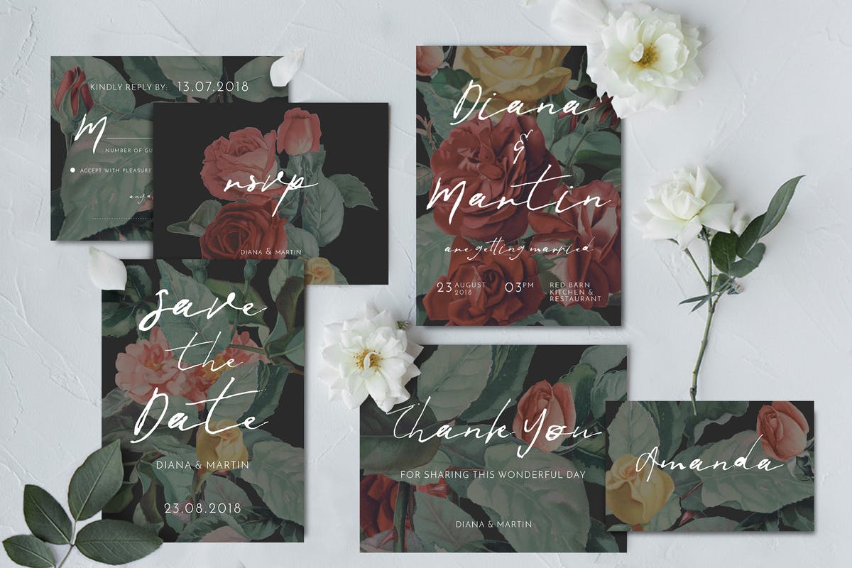 现代英式玫瑰插画婚礼邀请函设计模板套装 Modern English Garden Wedding Suite插图