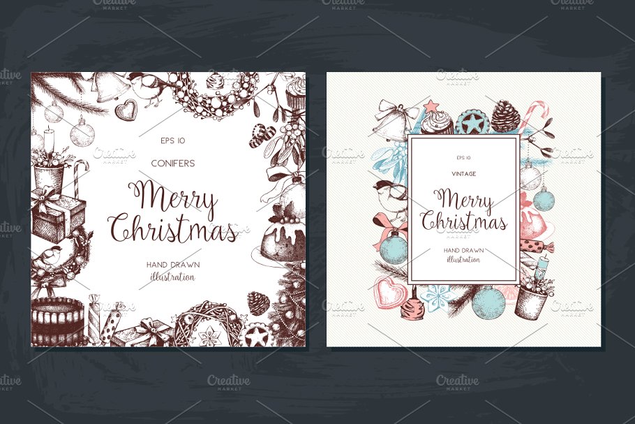复古圣诞节装饰元素插画套装 Vintage Christmas Illustrations Set插图(4)