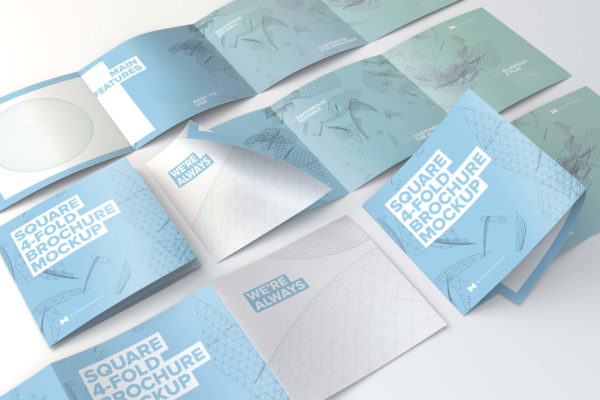 方形四折页小册子传单设计网格布局样机模板 Square 4-Fold Brochure Grid Layout Mockup