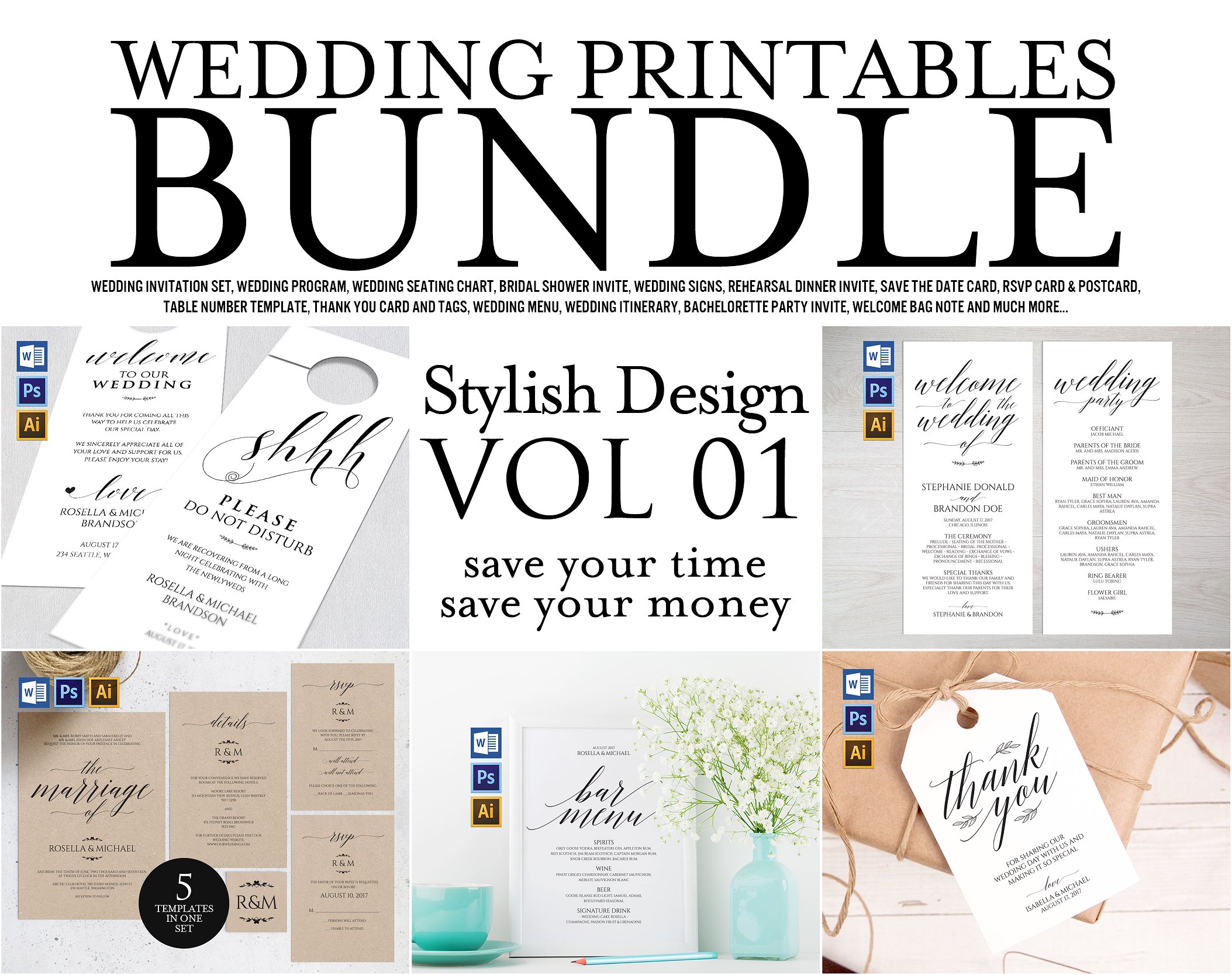 时尚的婚礼邀请函卡片名片设计模板插图