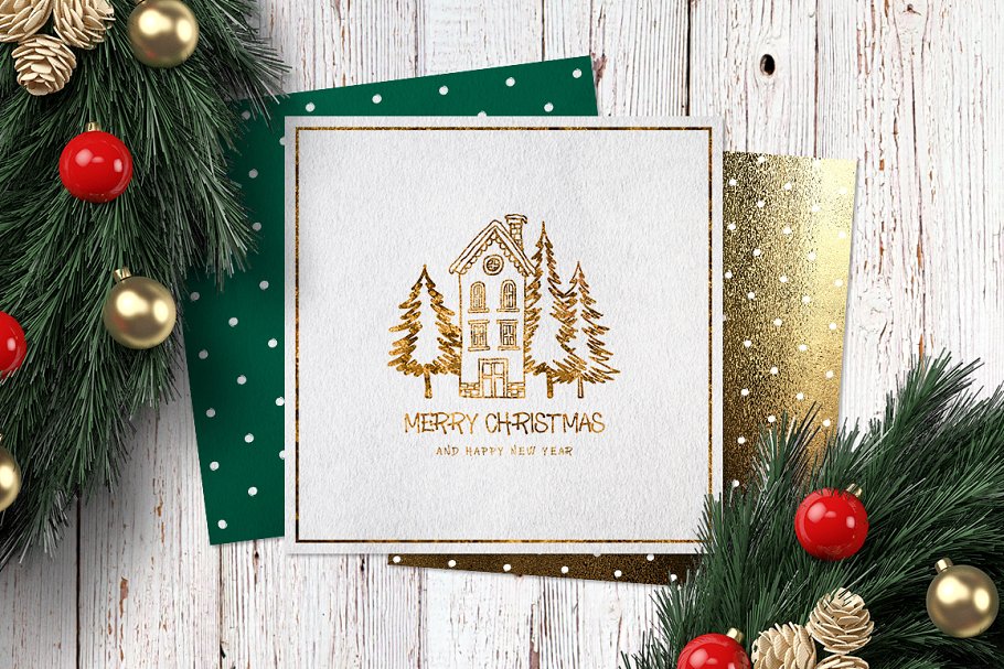 圣诞节贺卡模板+元素合集 Christmas Square Cards + Bonus插图(10)