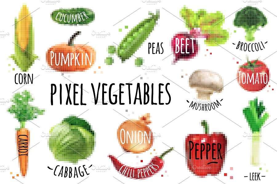几何方块蔬菜水果颗粒像素化插图 Pixel Fruit & Vegetables插图(1)