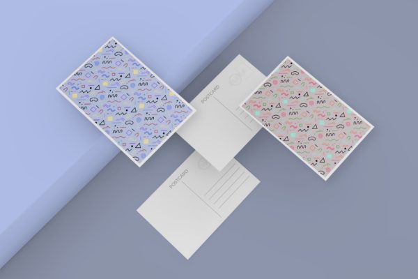 悬浮交叉叠放明信片设计预览素材库精选样机 Postcard Mockup – Four A6 Post Cards