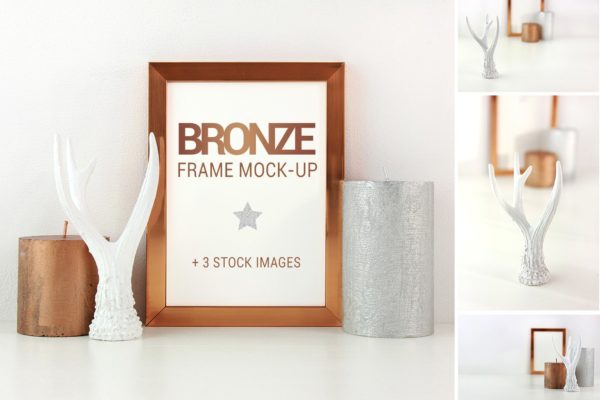 青铜色框架模板+库存照片 Bronze frame mockup + stock photos