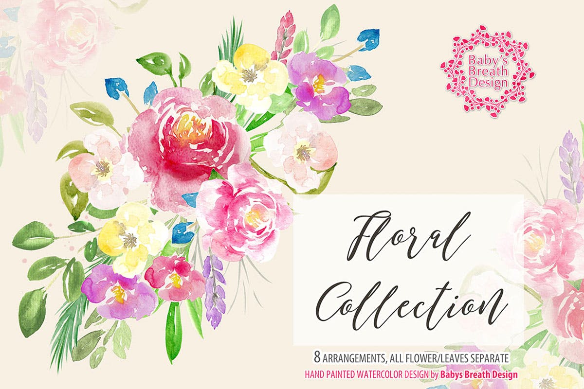 水彩花卉插画剪贴画素材 Watercolor Floral design插图