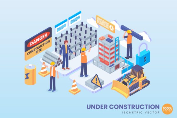 施工场地场景等距概念矢量插画素材v2 Isometric Under Construction Site Vector Concept