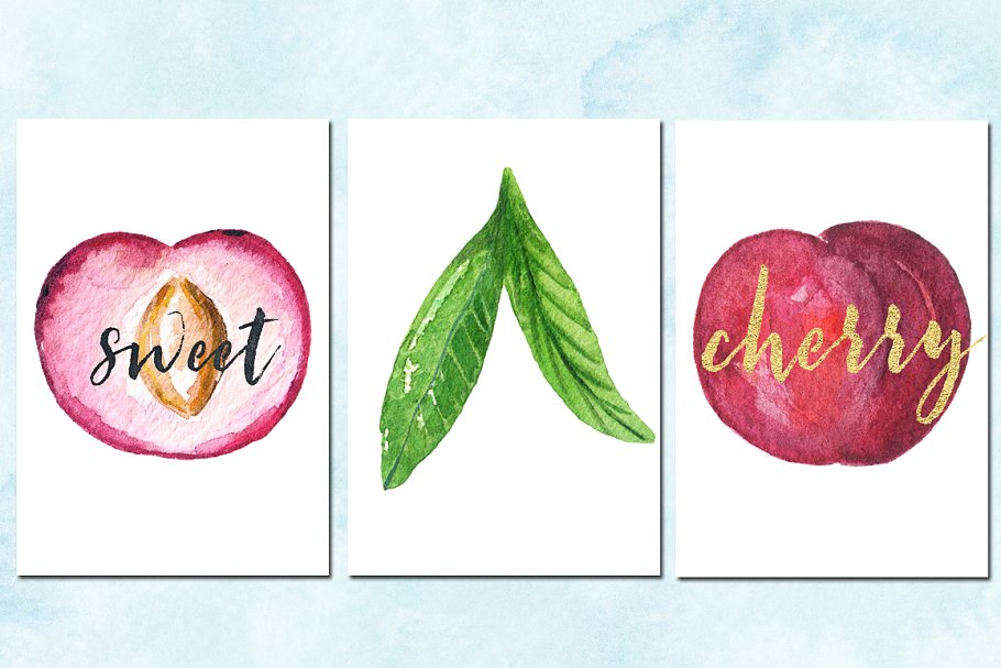 甜美的手绘樱桃樱花水彩剪贴画 Cherry flowers. Waterolor clipart.插图(4)