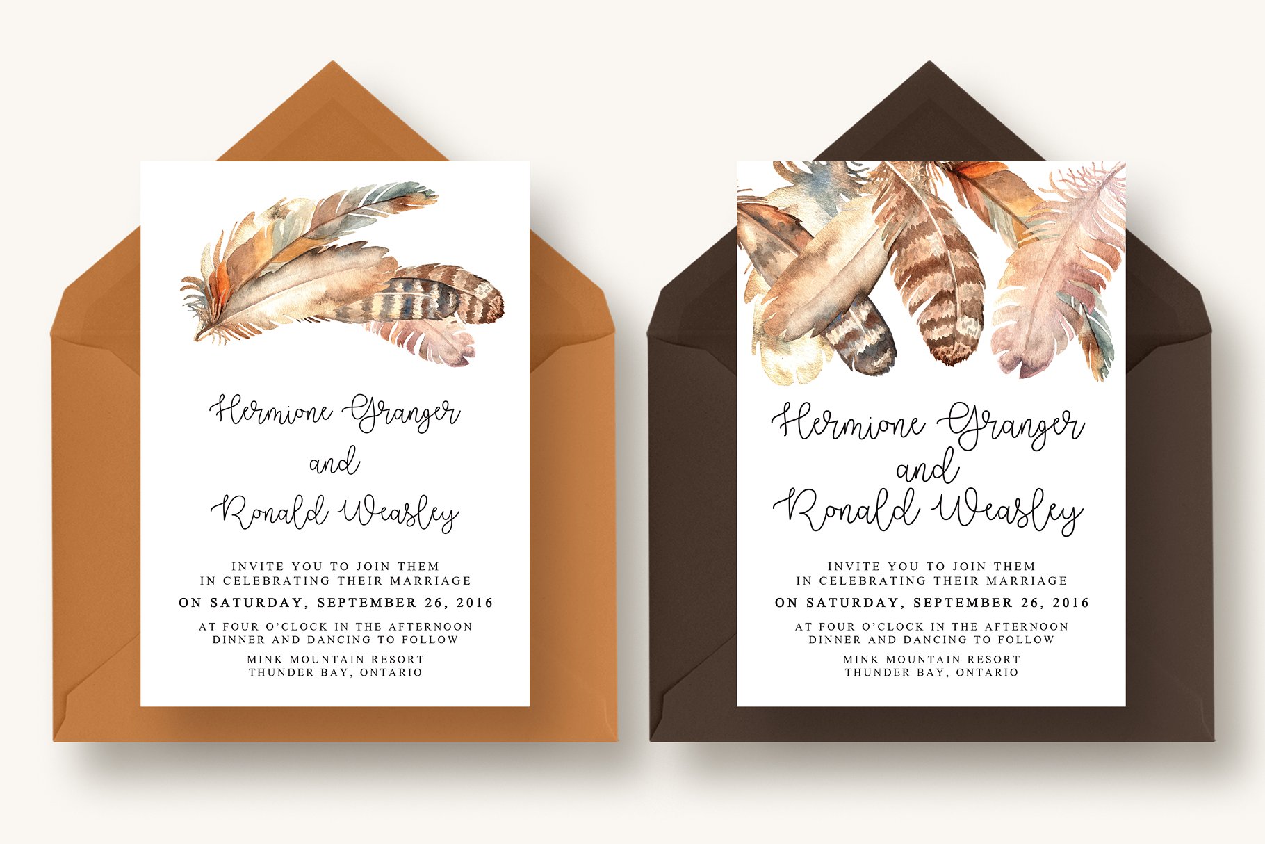 波希米亚风格羽毛插画婚礼邀请函设计套件 Boho Feather Invitation Suite插图(3)