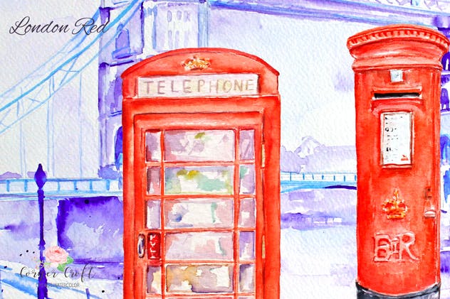 伦敦著名地标红色主题水彩插画 Watercolor London Red插图(3)