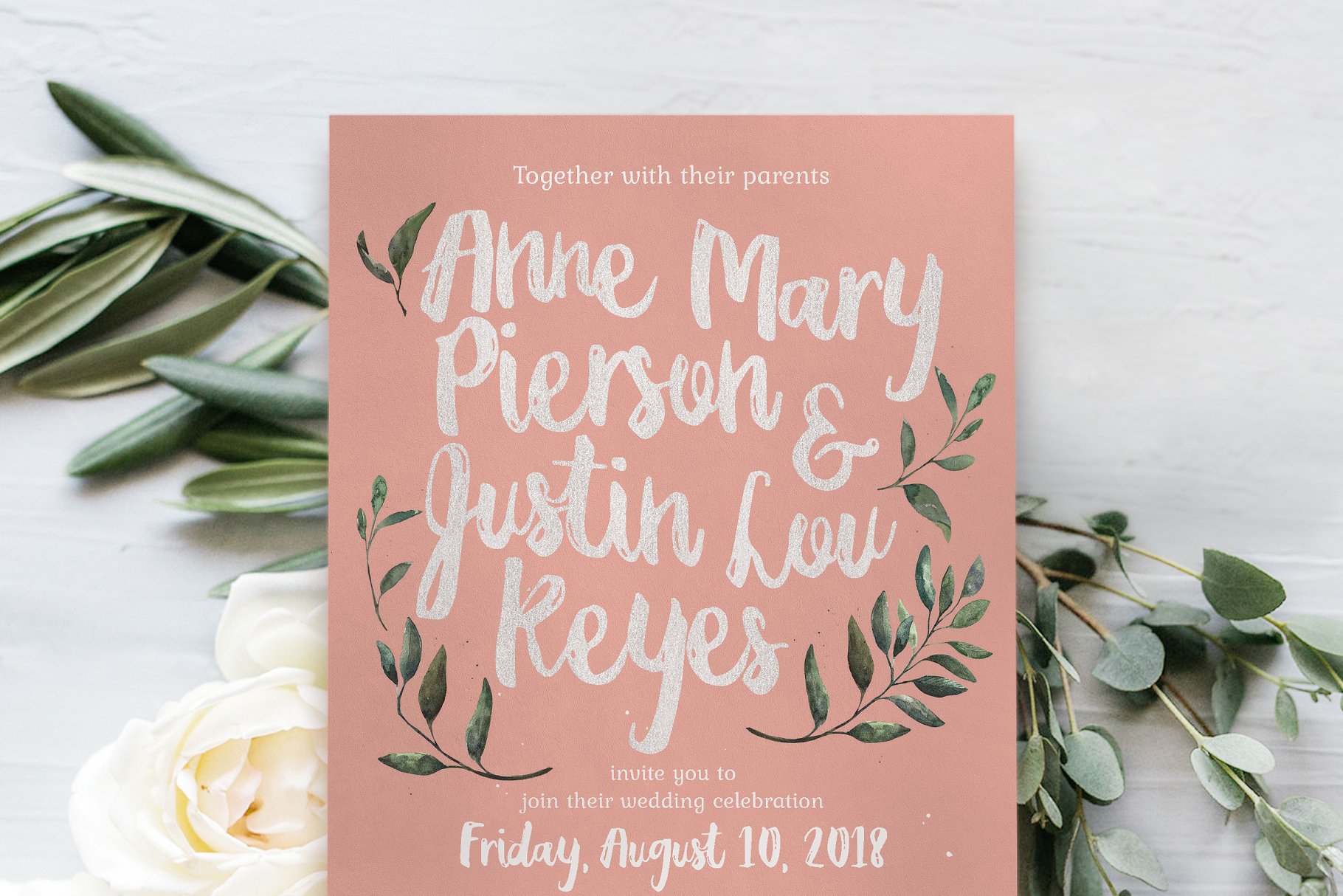 质朴粉色&绿色婚礼设计物料模板 Rustic Pink & Green Wedding Suite插图(1)