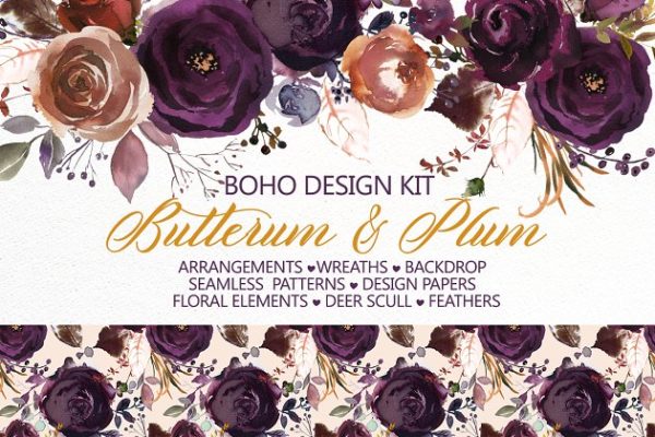 奶油朗姆酒棕&amp;梅色波希米亚式花卉水彩剪贴画 Butterum &amp; Plum Boho Florals PNG
