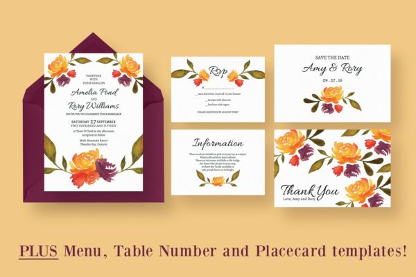 秋季水彩婚礼邀请函设计套装 Watercolour Fall Wedding Suite