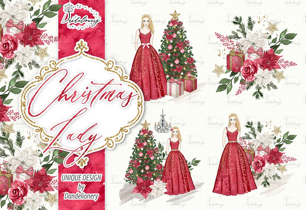圣诞节元素优雅女郎剪贴画高清PNG素材 Christmas Lady design插图(2)