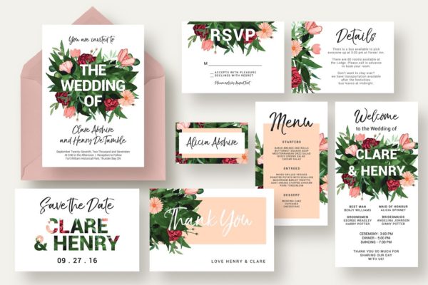 花卉装饰婚礼邀请函设计套件 Flower Burst Wedding Suite