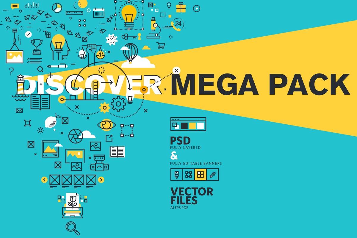 细线扁平设计风格字体插画混合Banner设计模板 Thin Line Flat Design Word Banners Pack插图