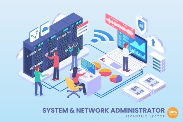 系统与网络管理主题2.5D矢量等距概念插画 Isometric System &amp; Network Administrator Vector