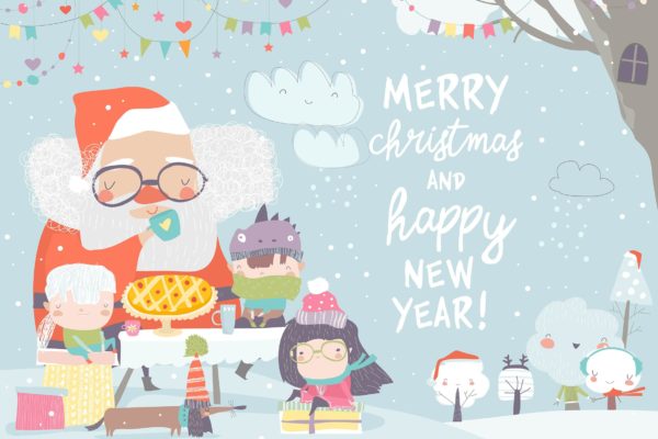 圣诞老人&amp;快乐儿童茶话会场景矢量插画素材 Santa Claus drinking tea with happy children. Vect