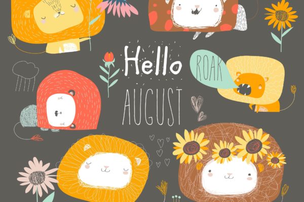 可爱卡通狮子/花手绘矢量插画素材 Vector set of cute lions and flowers. Hello august