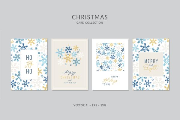 彩色雪花图案背景圣诞节贺卡矢量设计模板 Christmas Greeting Card Vector Set
