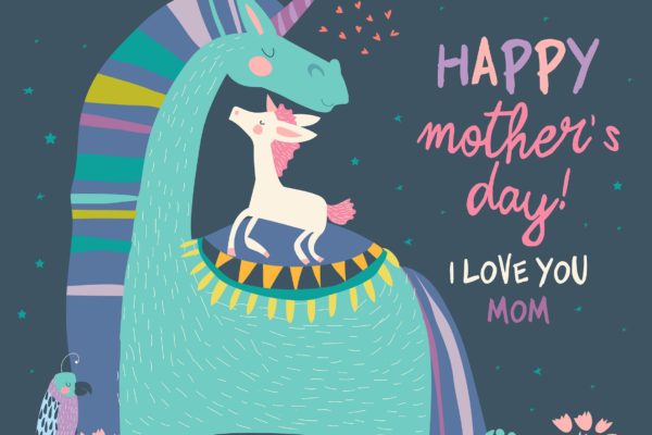 可爱的独角兽宝宝&amp;妈妈素材库精选手绘插画矢量 Cute Small Unicorn with Mom. Vector Illustration.