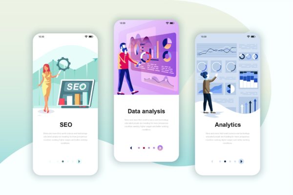 网站数据分析&amp;SEO主题矢量插画APP引导页启动页设计模板 Instagram Stories Onboarding Screens Mobile App