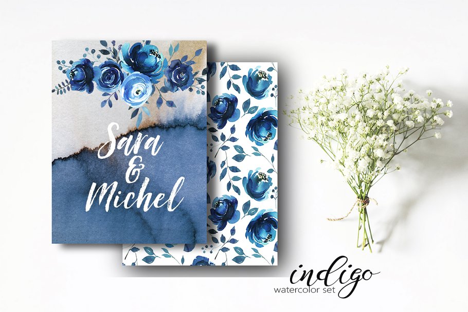 靛蓝水彩花卉剪贴画 Indigo Blue Watercolor Flowers Set插图(6)