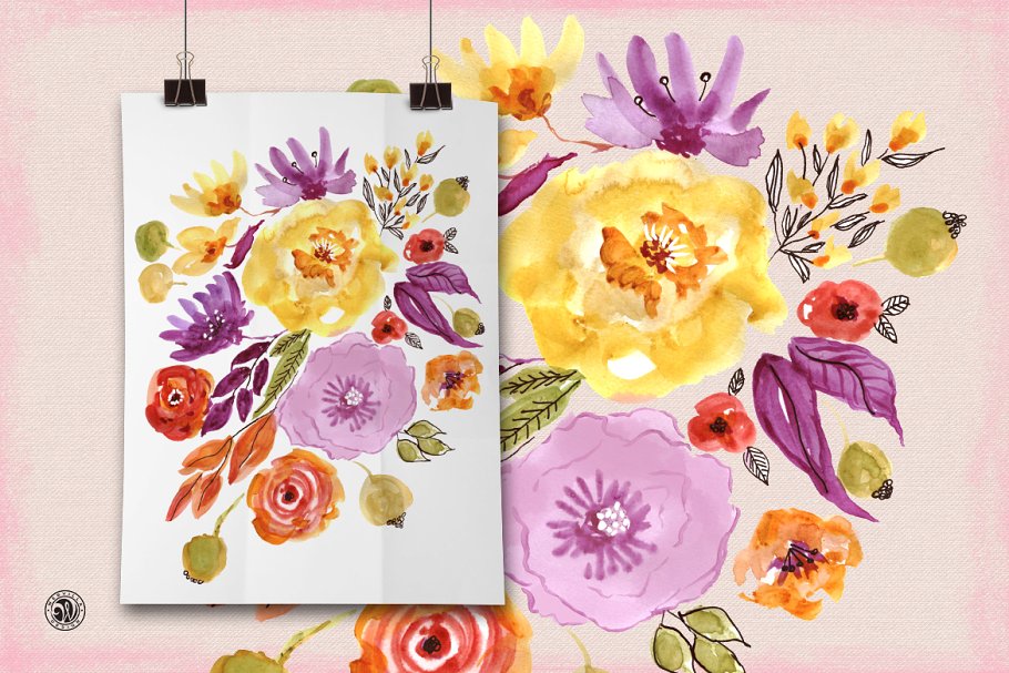 华丽感水彩玫瑰花卉剪贴画 Mixed Media Flowers插图(3)