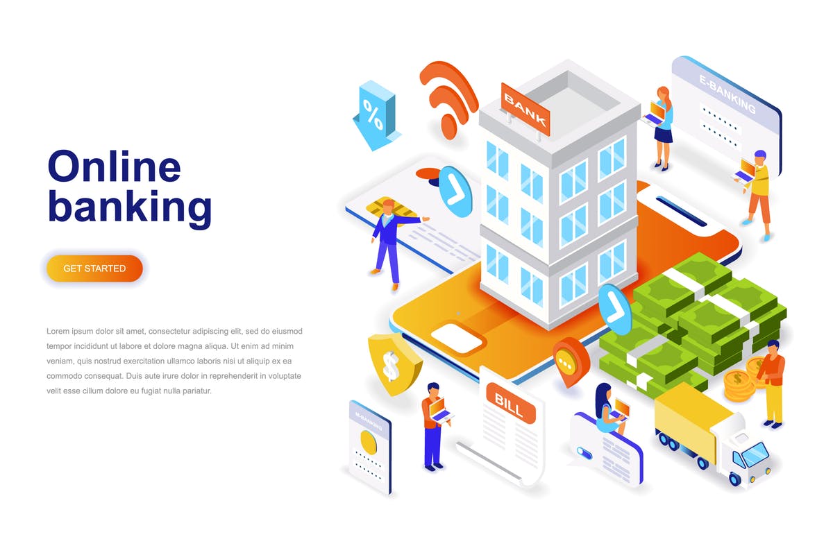 电子银行网上银行等距概念插画 Online Banking Isometric Concept插图