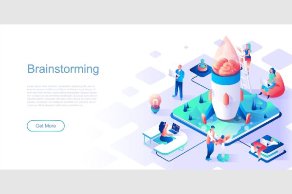 头脑风暴主题网站设计等距素材库精选概念插画 Brainstorming Isometric Flat Concept Header