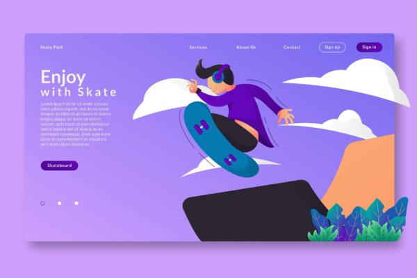 滑板运动文化主题网站设计矢量插画素材 Enjoy With Skate – Web Header &amp; Vector GR