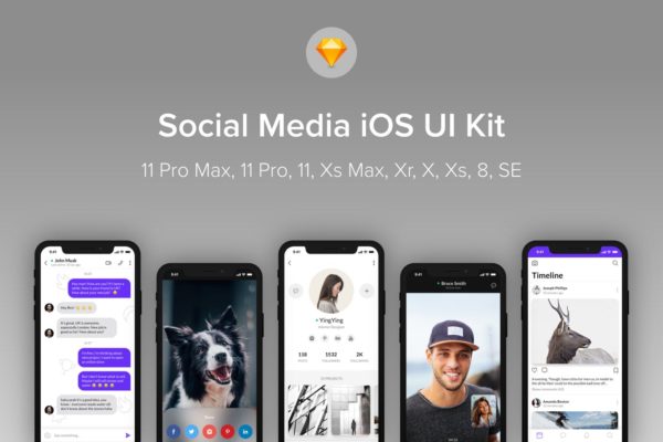 iOS平台社交媒体APP应用UI设计素材库精选套件[for SKETCH] Social Media iOS UI Kit (Sketch)