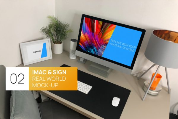 宜家家居风格办公桌场景27寸iMac电脑素材库精选样机 iMac 27 with Sign Real World Photo Mock-up