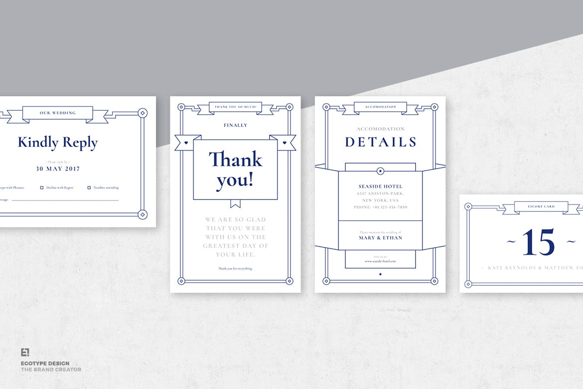 蓝色简约线条艺术风格婚礼邀请函设计套装 Wedding Invitation Suite插图(5)