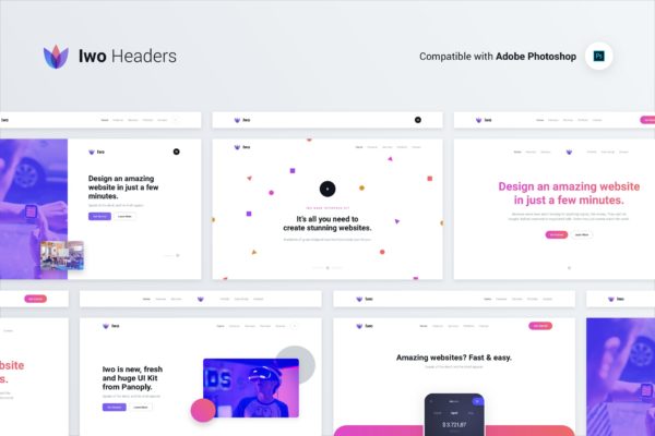 IWO现代创意网站UI设计套件PSD模板 Iwo Web UI Kit – Headers &amp; Covers – PSD Photoshop